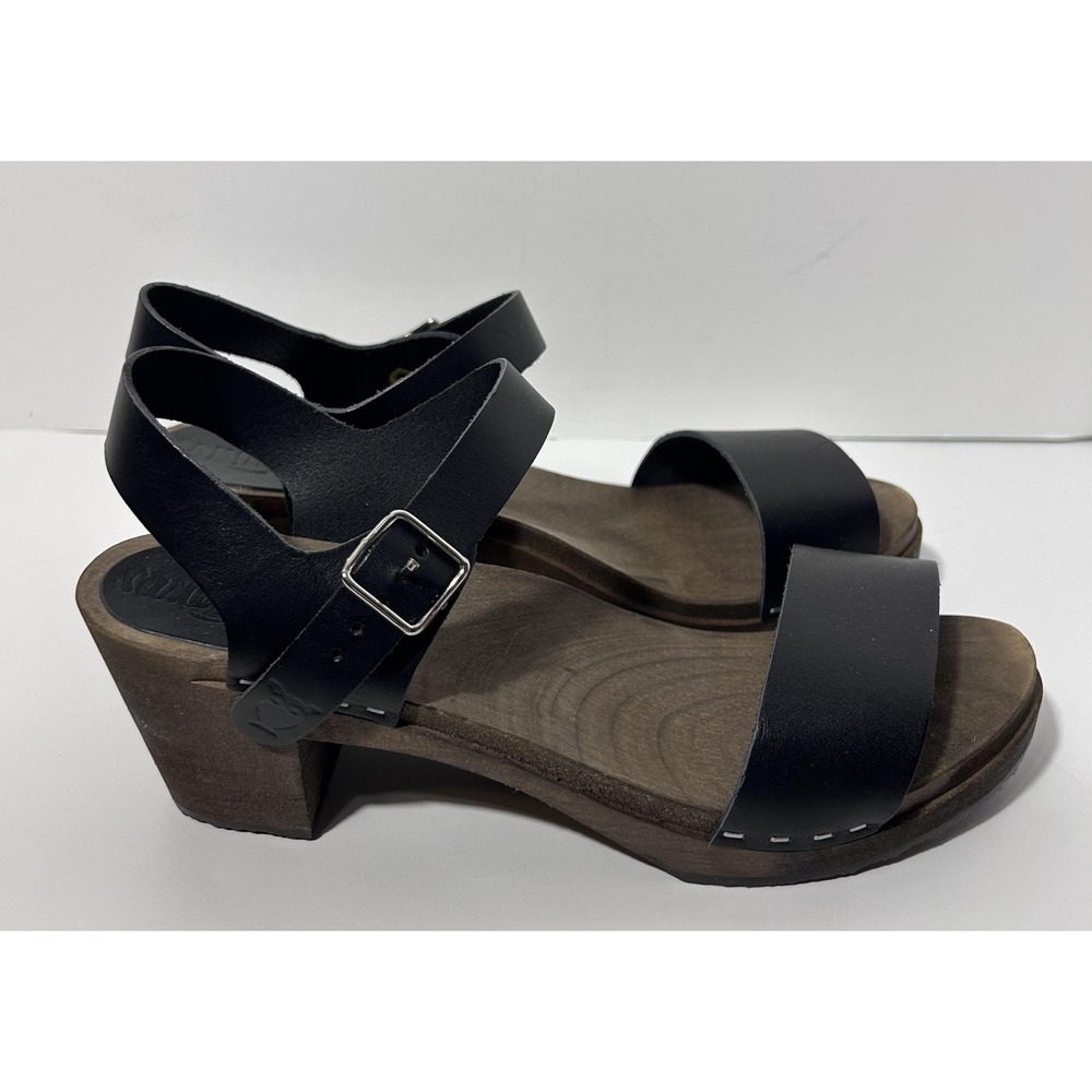 Sandgrens Shoes Womens Size 9 Black Leather Clog Sandals Wood Heel Slingback